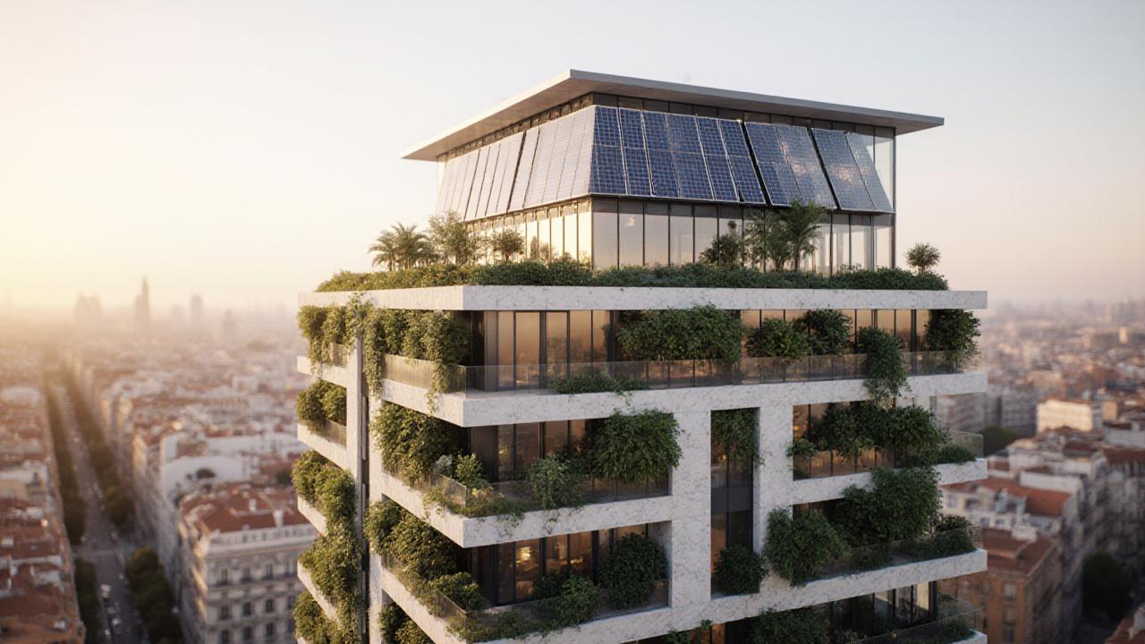 Edificio moderno en Madrid con jardines verticales y paneles integrados