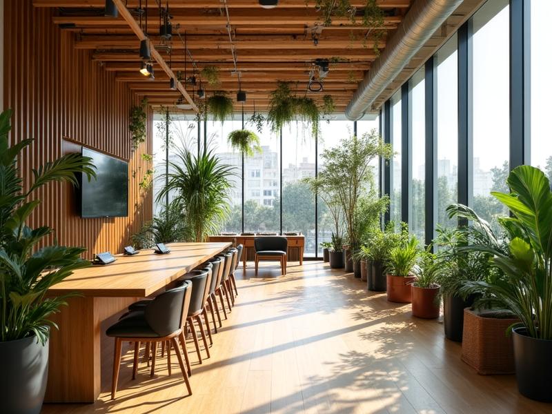 Interior de oficina tecnológica con diseño biofílico