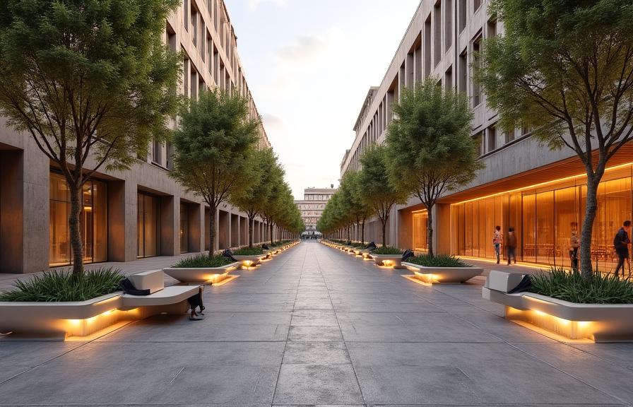 Render de proyecto de peatonalización y zonas verdes en Madrid